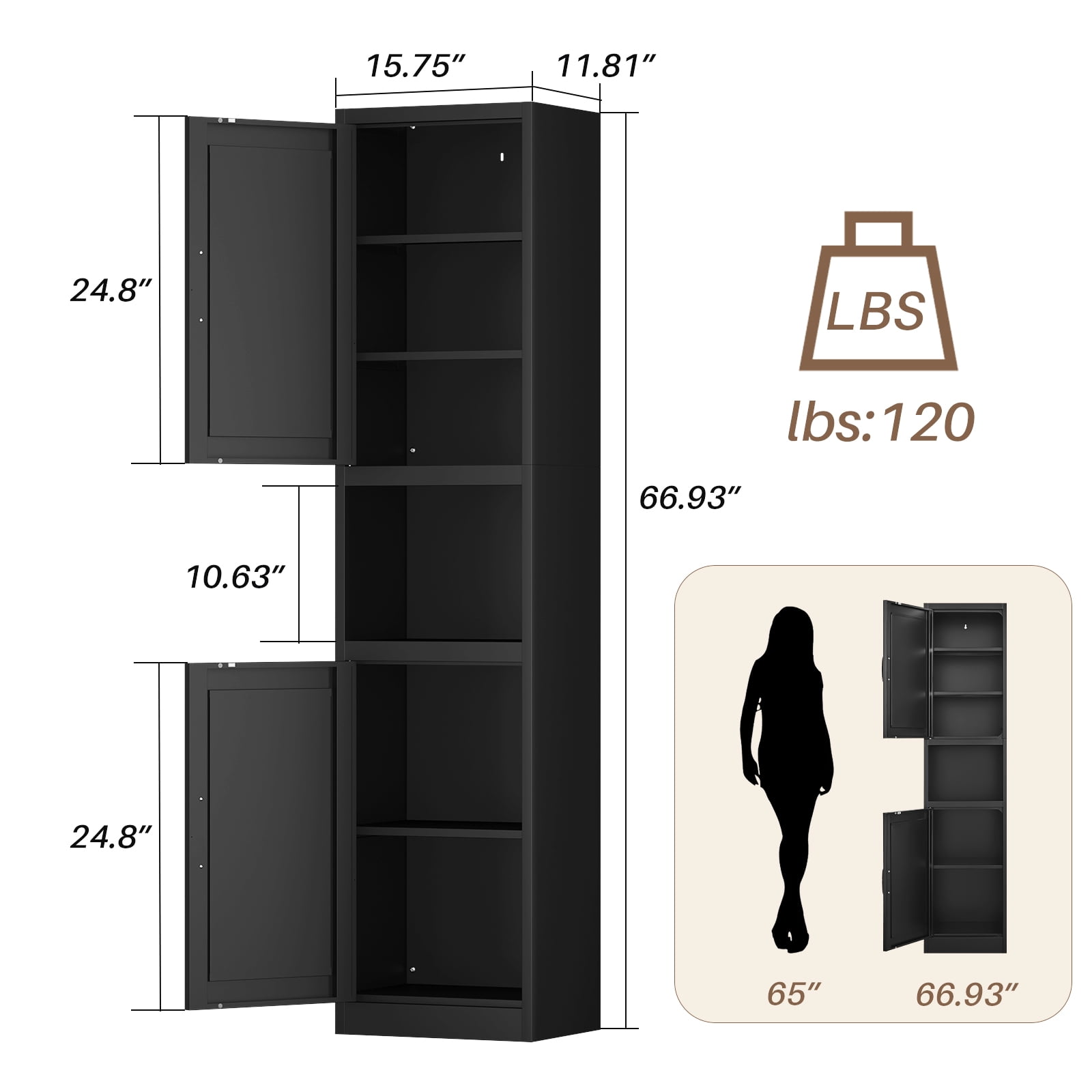 Tall Narrow Bathroom Storage Cabinet - Metal Pantry Cabinet, Slim Cabinet for Small Spaces, Bathroom, Kitchen, Living Room, Dining Room(16 inches Wide Black)