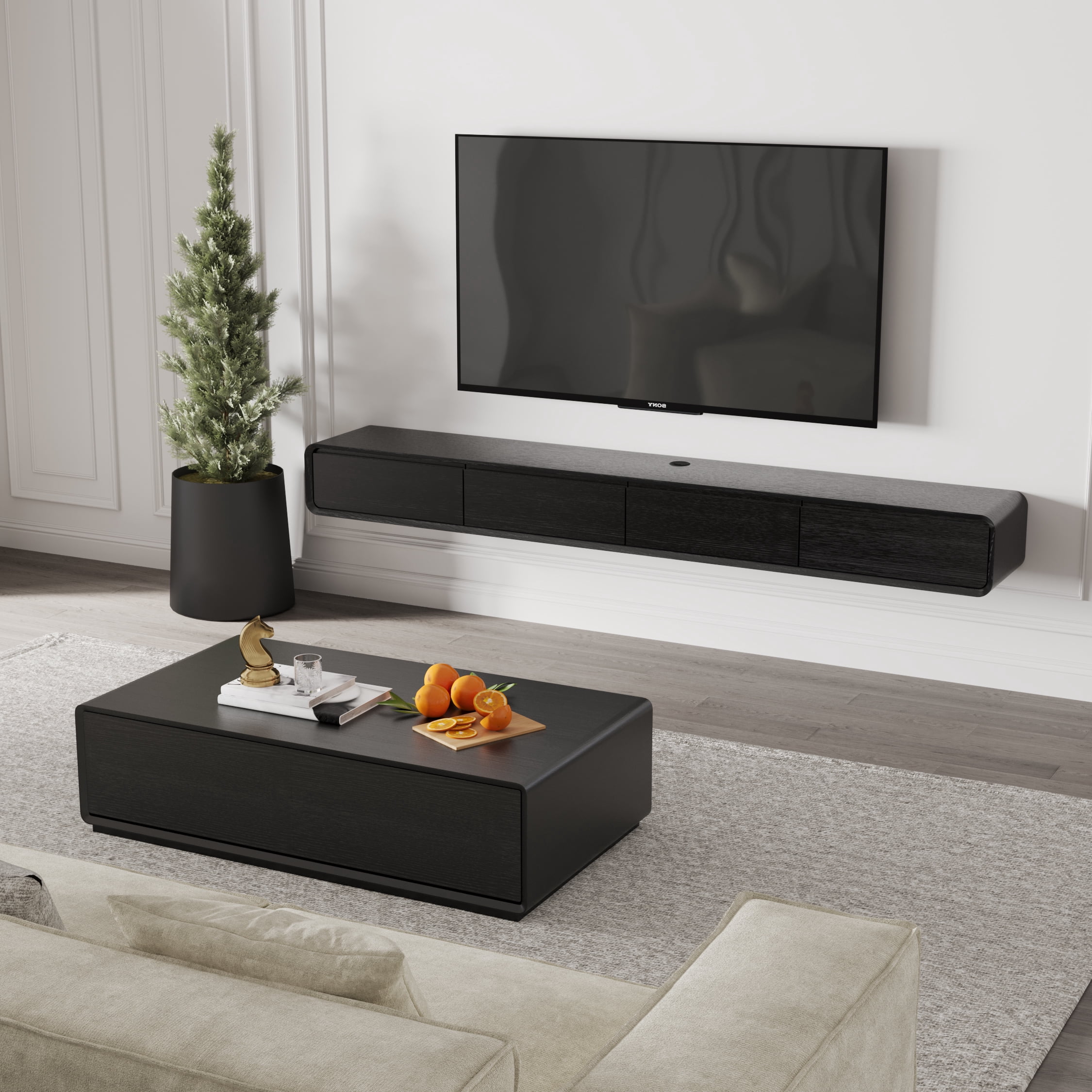 POVISON Modern Rectangular Coffee Table, Wood Coffee Table with Storage, 4 Solid Wood Drawers, Fully-Assembled, 51", Black