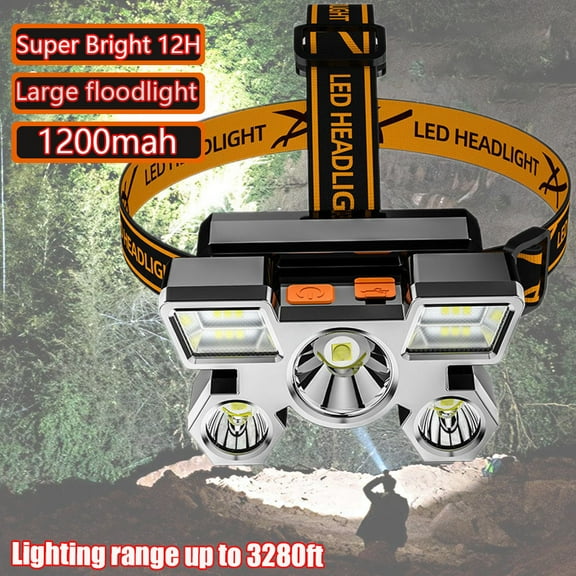 1PACK 5 LED Beads Headlamps,Waterproof Led Headlamp Rechargeable,Super Bright 4 Modes 12h Long Lasting Battery Life Led Headlamp Flashlight for Camping,USB Cable Included,Gold
