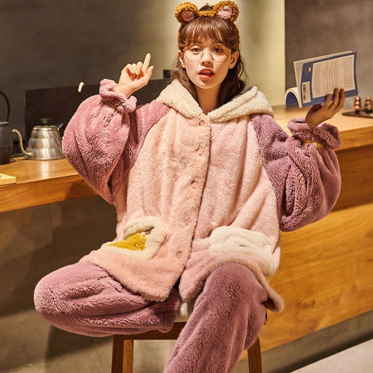 DanceeMangoo FUNISHI Plush Pajama Set Women Sleepwear Cartoon Medium Style  Winter Pajamas Plus Size Coral Fleece Loose Version Inspissate 