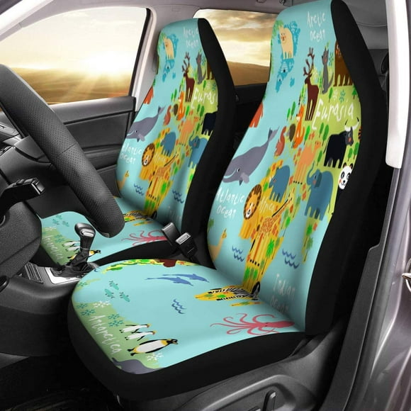 POGLIP Set of 2 Car Seat Covers Cartoon Map of The World for Children Universal Auto Front Seats Protector Fits for Car,SUV Sedan,Truck