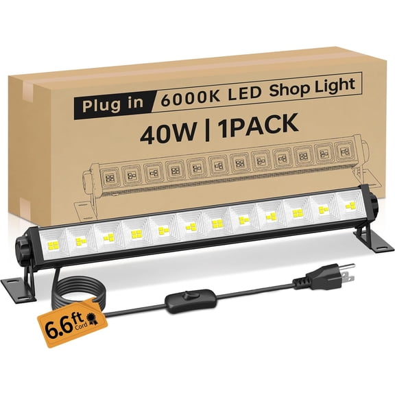 HALCYON LED Shop Light, 40W 5400 Lumens Plug-In Garage Work Light, 6000K Daylight with 6.6 Ft Power Cord and On/Off Switch for Workshop, Workbench, Basement and Shed, 1 Pack
