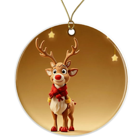 Cute Cartoon Reindeer Ornament - Red Nose Holiday Decoration - Xmas Tree Character - Christmas Ornament Ceramic Ornament - 3 Inch Christmas Tree Round Ornament - Xmas Holiday Decor ORNW0230