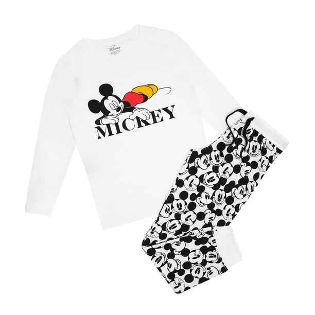 Disney - Set de Pijama Largo Snooze de Mickey Mouse para Mujer (Blanco, Negro)