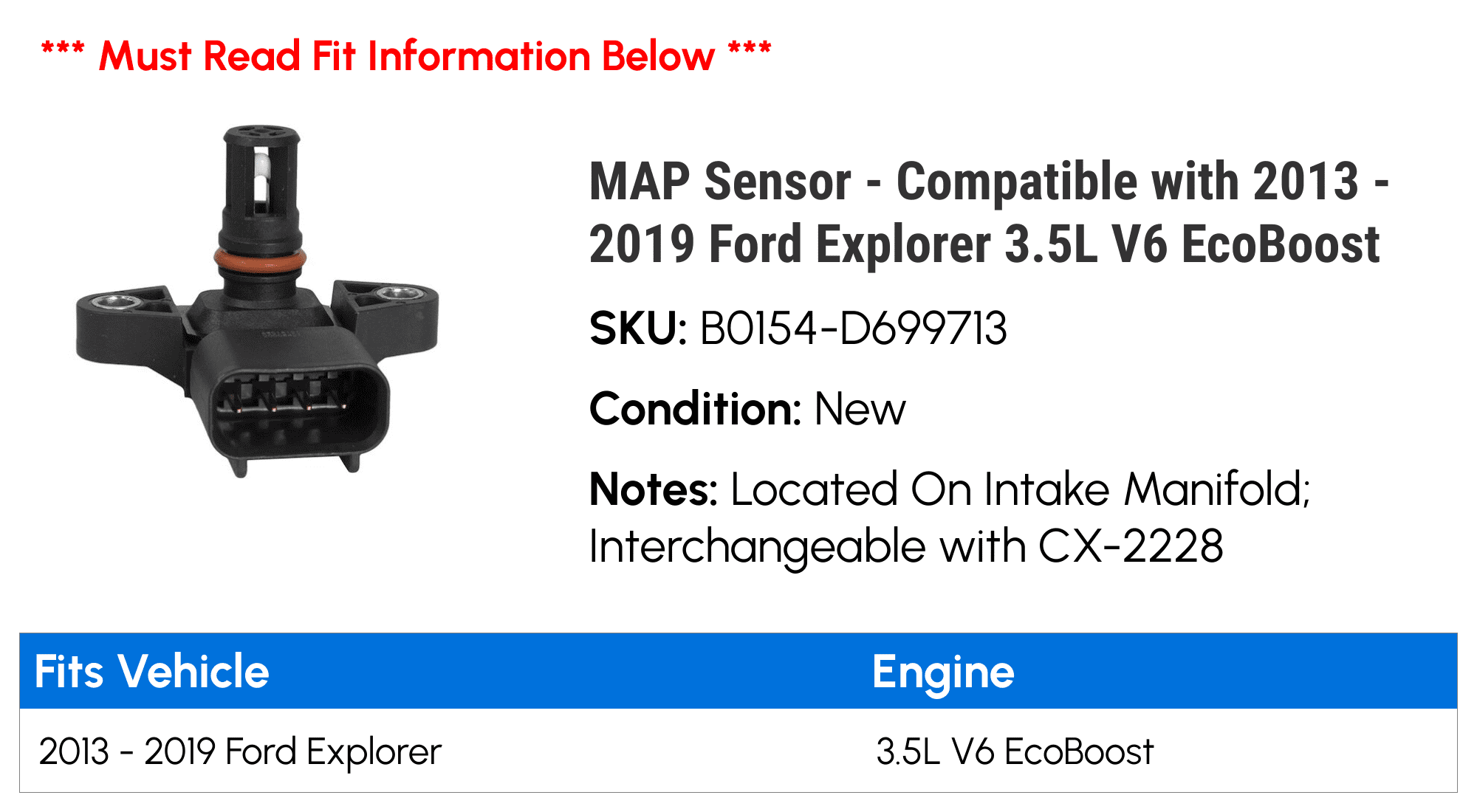 MAP Sensor - Compatible with 2013 - 2019 Ford Explorer 3.5L V6 E.c.o.b.o.o.s.t 2014 2015 2016 2017 2018