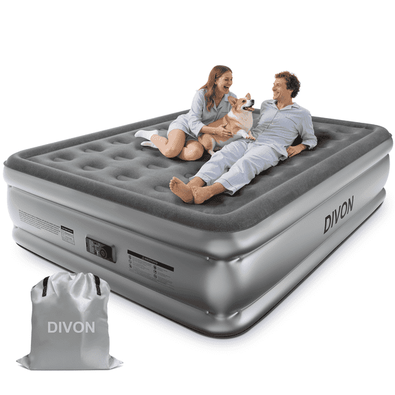 Divon Queen Air Mattress with Built-In Pump, 18-Inch Elevated Inflatable Air Bed, Quick Inflation and Deflation, Portable Blow-Up Bed for Guests, Home and Travel, Gray