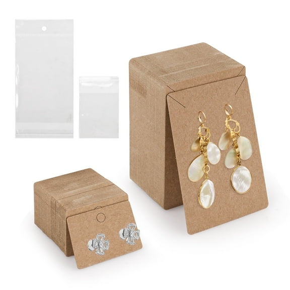 Sekonow 200 Set Earring Cards with Bags, 2 Sizes, 200 Earring Display Holder Cards with 200 Bags, Cardboard Tags for Ear Stud Packaging, Necklace, Jewelry Selling, Brown