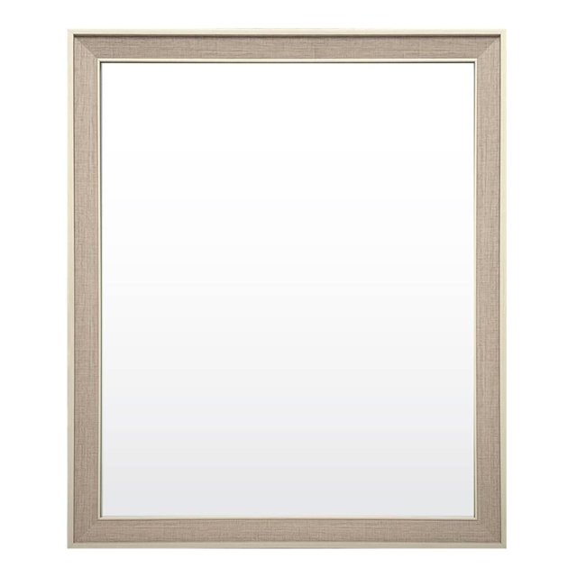 espejo smartdeco decorativo rectangular blanco con café claro 56 x 67 cm espejo frontal con marco de poliestireno en blanco con tono café claro y textura fina; vidrio extra claro de plata visible, borde interior delgado y perfil biselado; ideal para recámaras, cajoneras y vestidores y a menudo usado para ampliar visualmente espacios.