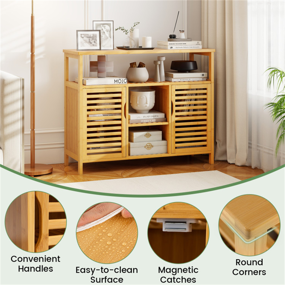 Double Door Bamboo Bathroom Storage Cabinet with Open Shelves, 39.5 Inch Tall Wood Organizer with Anti-Tip Device, for Bathroom, Kitchen, Living Room, Natural Finish