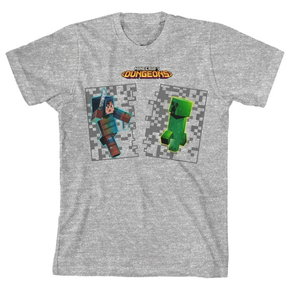 Minecraft Dungeons Hex And Creeper Boy's Heather Gray T-shirt-XS