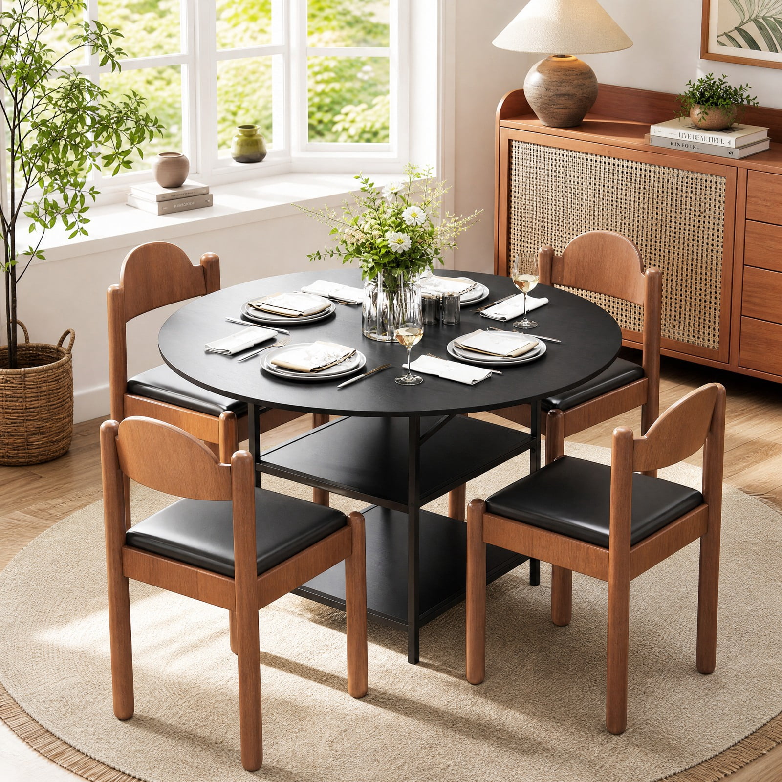 Furnibear 47 Inch Round Dining Table for 4 to 6 with 2 Tier Storage Shelves and Sturdy Metal Frame for Kitchen and Apartment, Black