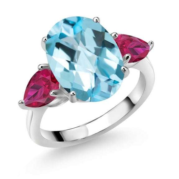 Gem Stone King 925 Sterling Silver Sky Blue Topaz and Red Created Ruby Ring for Women (9.20 Cttw, 14X10MM Oval Checkerboard and 7X5MM Pear Shape, Gemstone November Birthstone, Size 6)