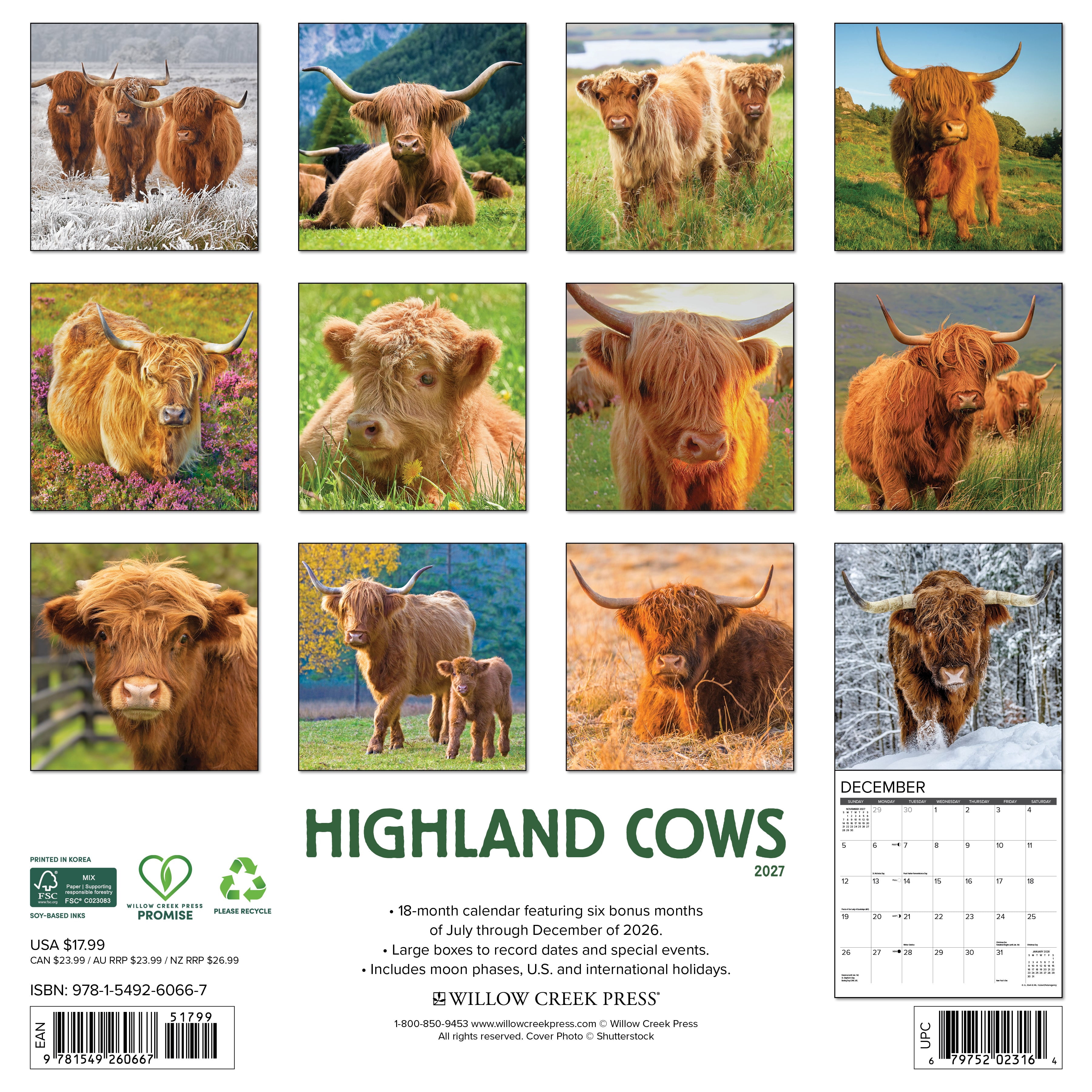 Willow Creek Press, Highland Cows 2027 Wall Calendar