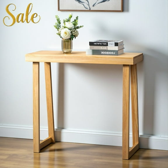 Tcbosik 36" Solid Wood Console Table in Natural Finish — Modern Narrow Entryway Table with Trapezoidal Base Design, Perfect for Hallways, Living Rooms, or Small Spaces