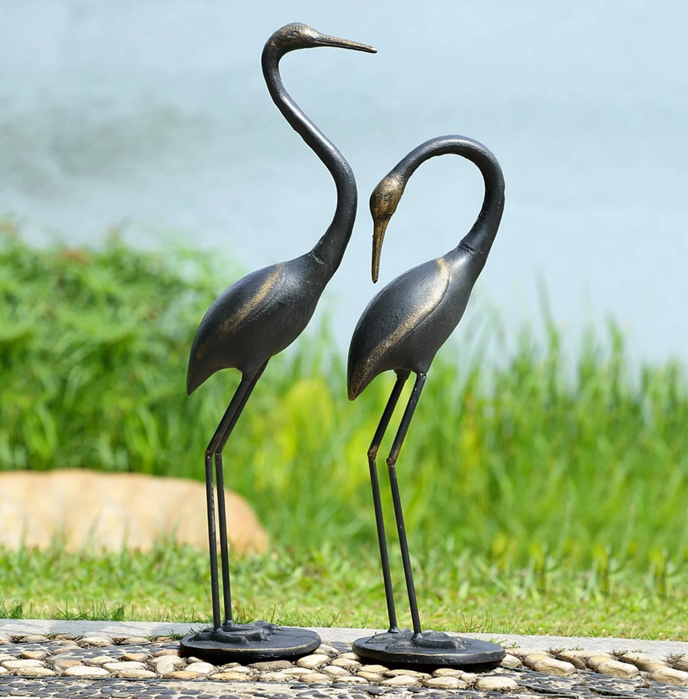 Crane Pair Antique Bronze Metal Garden Sculpture