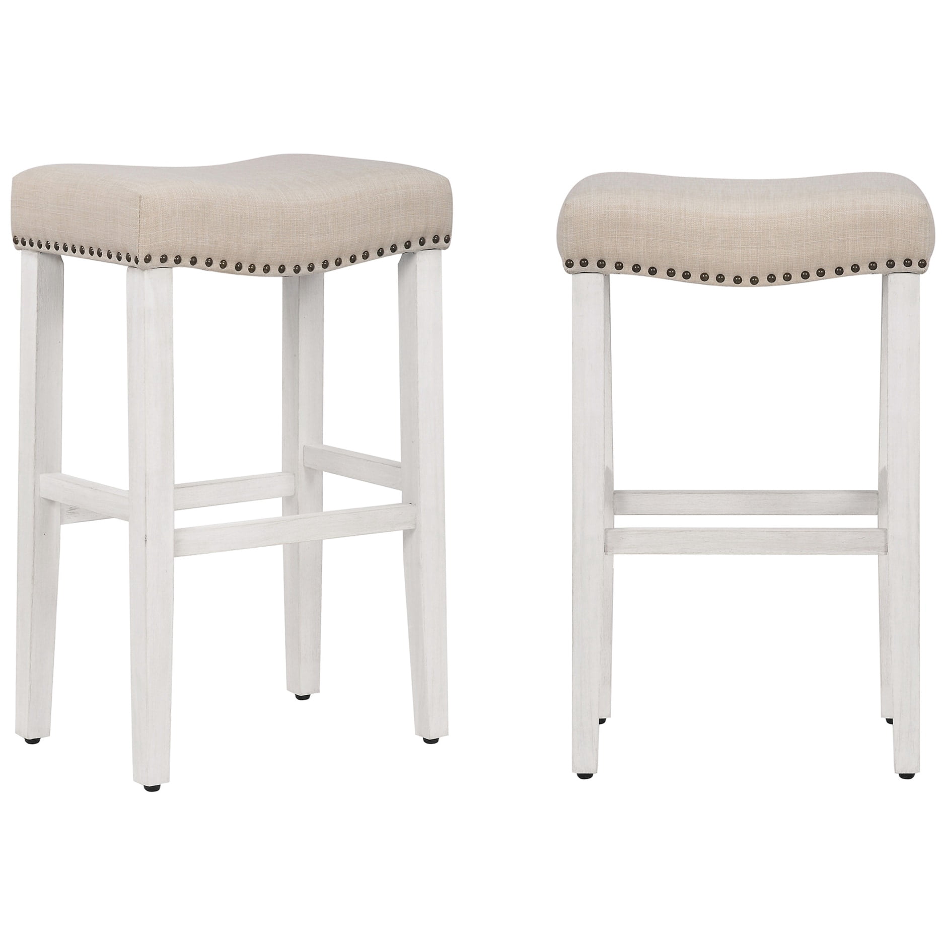 29" Upholstered Nail Head Counter Stool (Set of 2)Antique White/Beige