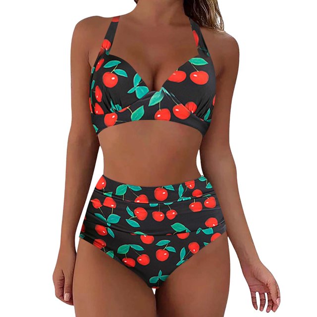 IDALL Bikini Sets Bathing Suit Fashionable Lady Bikini Printed Quick Drying Split Swimsuit Two Swimsuit Bathing With Chest Pad No Steel Ring High Waisted Bikini Sets Womens Swimwear Watermelon Red S