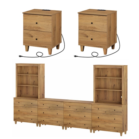 WAMPAT Entertainment Center and Side Table Set of 3, Modern Wooden TV Stand for 75" TV with Drawers and Open Shelves, 2 Charging End Tables for Living Room, Oak Brown