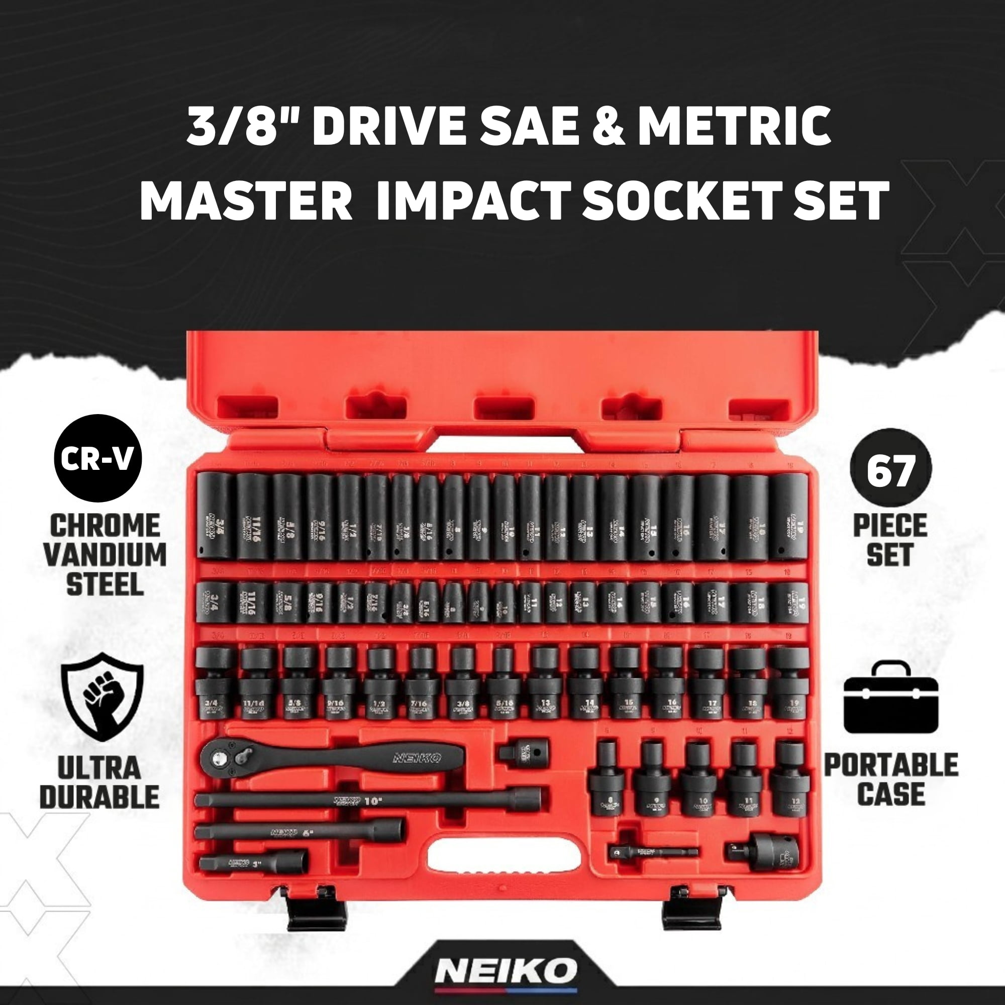 NEIKO 02471A Impact Socket Set, 3/8” Drive, 67 Piece, Metric and Standard Master Socket Set with Shallow & Deep Sockets, Ratchet, Swivel Sockets, Extension Bars, Adapters, Cr-V & Cr-Mo