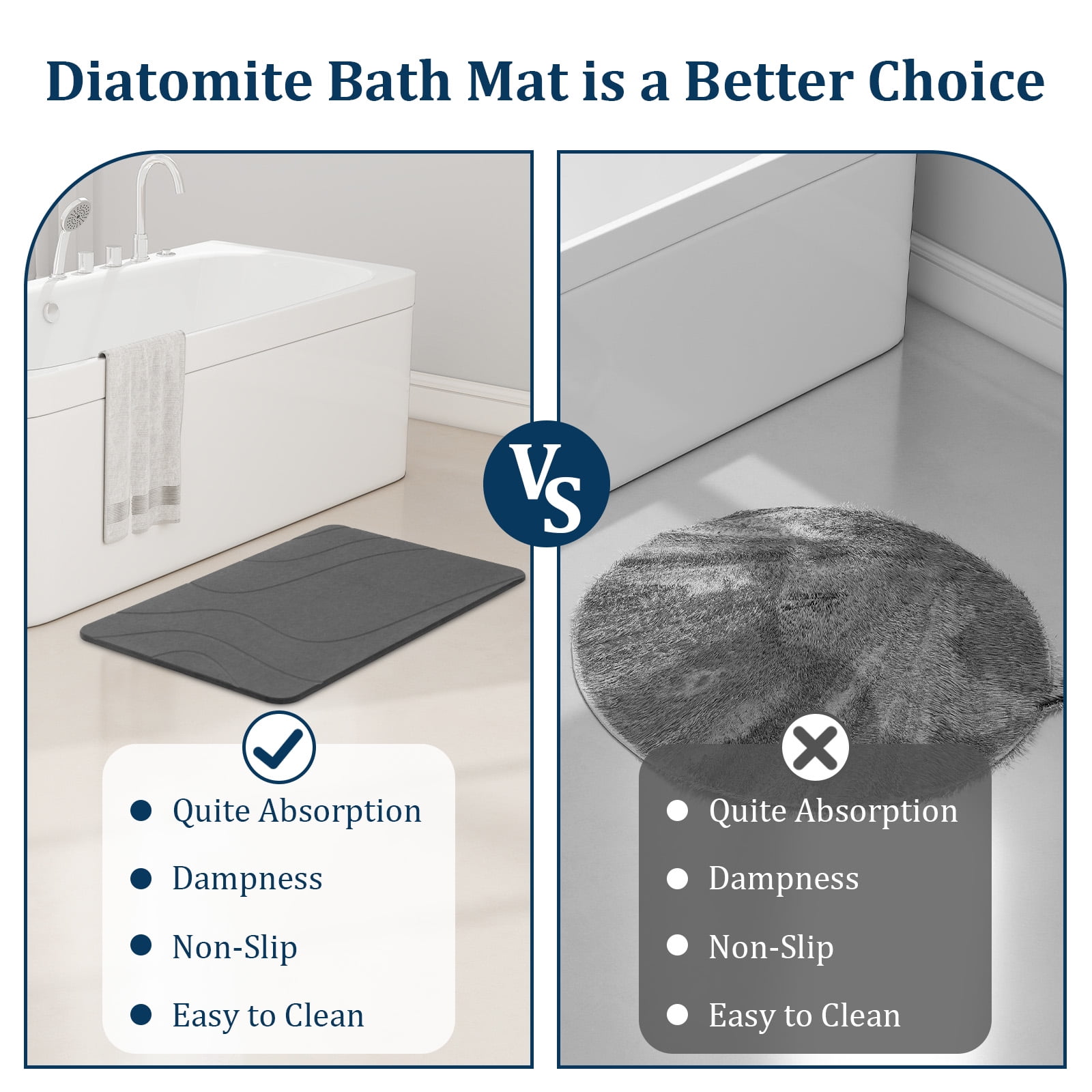 LIZEVINC Non-Slip Diatomaceous Earth Stone Bath Mat – Super Absorbent Quick Dry Diatomite Shower Mat for Bathroom Floor, Fast Drying Bathroom Mat, 23.6" x 15.4", Deep Gray