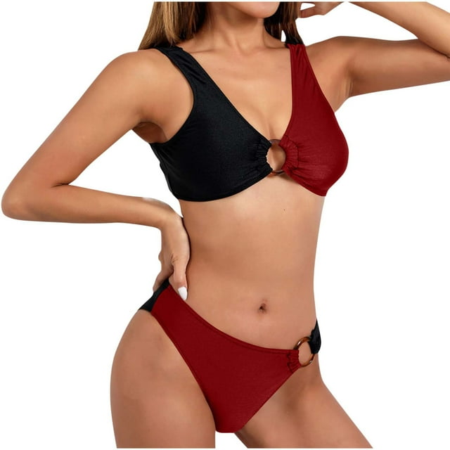 Trajes de Baño de Bikini de Mujer, Bloqueo de Color Sexy Correa sin Espalda Bikini, Traje de Baño de Corte Alto Retro