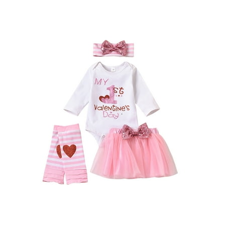 

Diconna Newborn Baby Girts Suit Long Sleeve Letter Romper Tops+Solid Color Bowknot Short Skirt+Headband+Leg Warmers