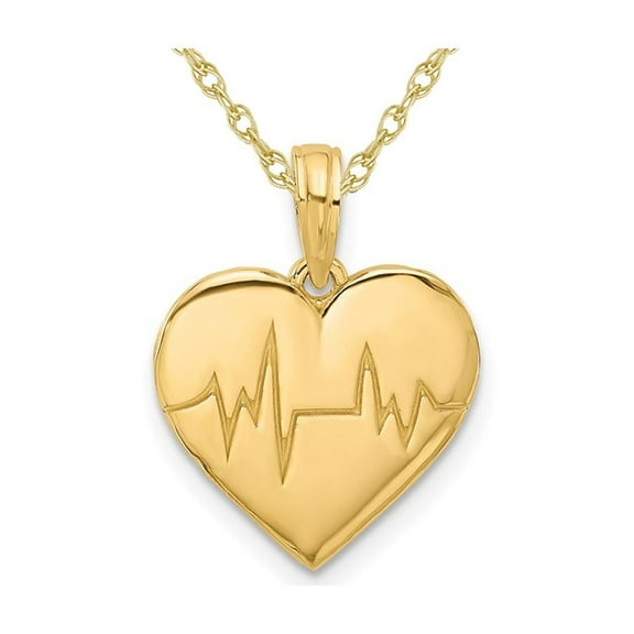14K Yellow Gold EKG Heart Charm Pendant Necklace with Chain
