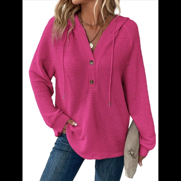 Sudadera con Capucha para Mujer, de Punto Gofre, Larga, Cordón Ajustable, Botones, Cuello en V, Informal, con Capucha Rosa Roja M