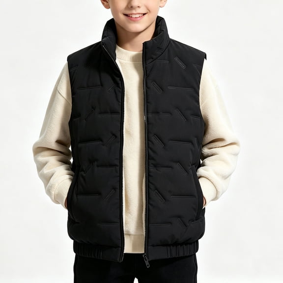 OGLCCG Teens Boys Puffer Vest Warm Fleece Lined Sleeveless Quilted Vest with Pockets Zip Up Thermal Winter Outerwear(Black,9-10Years)