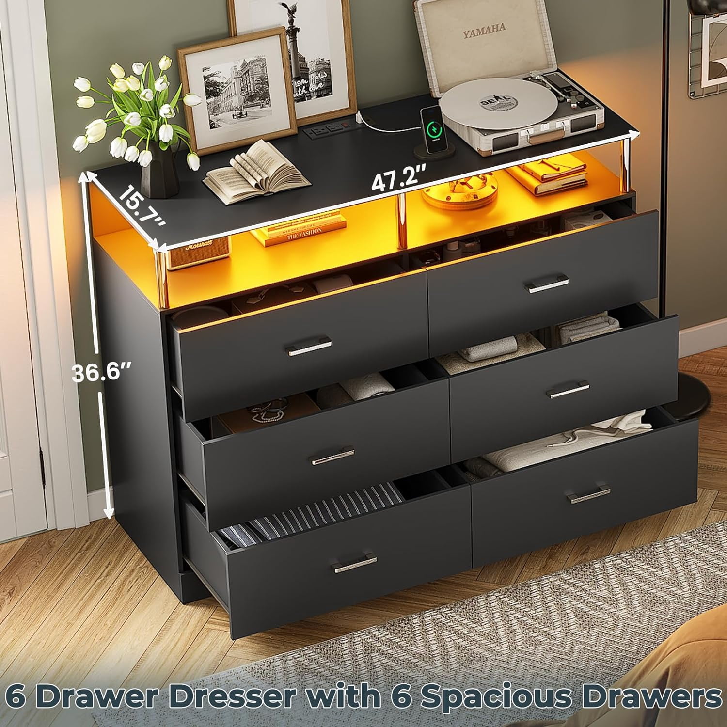 AOGLLATI Black Dresser for Bedroom Living Room 6 Drawers Chest of Drawers with LED Lights Charging Station