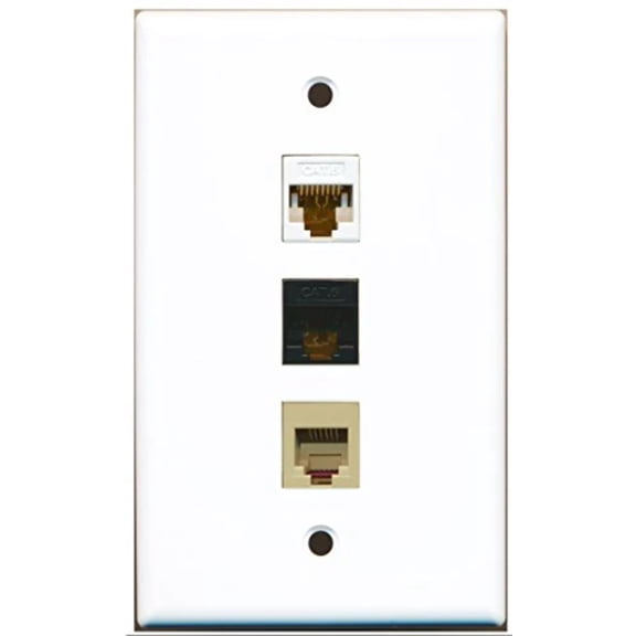 RiteAV - 1 Port Phone RJ11 RJ12 Beige and 1 Port Cat6 Ethernet White and 1 Port Cat6 Ethernet Black Wall Plate