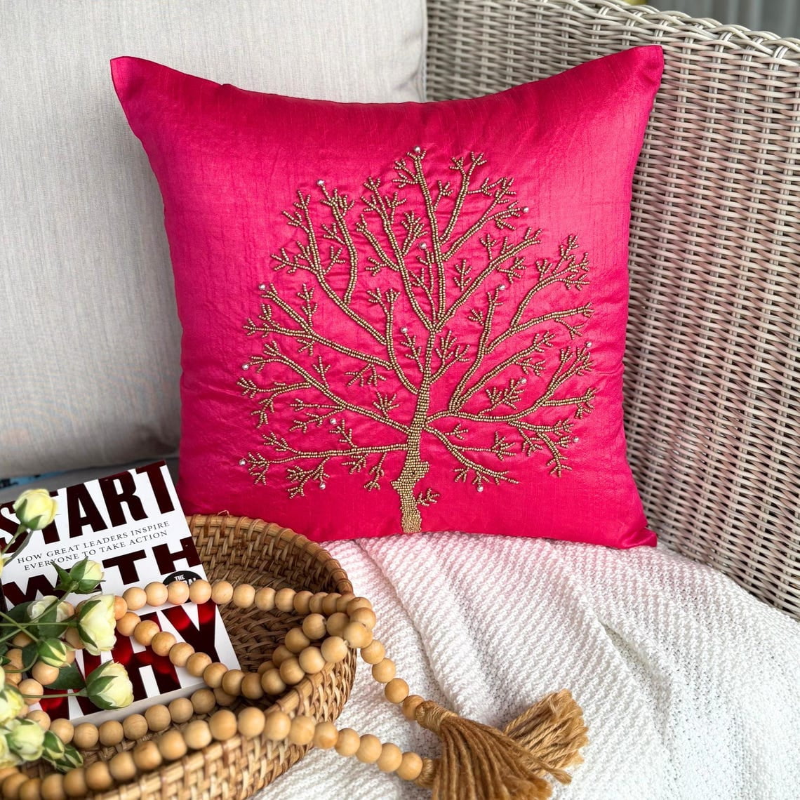 The HomeCentric Throw Pillow Cover Pink Pillow Cover Pack of 2 20x20 inch (50x50 cm) Luxury Fuchsia Pink Pillow Cover Beaded Tree Pillow Case Floral Throw Pillow Cover Square - Fuchsia Tree Of Life