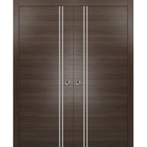 Sliding French Double Pocket Doors 36 x 80 inches | Planum 0310 Chocolate Ash with Frosted Glass | Kit Trims Rail Hardware | Solid Wood Interior Bedroom Sturdy Doors