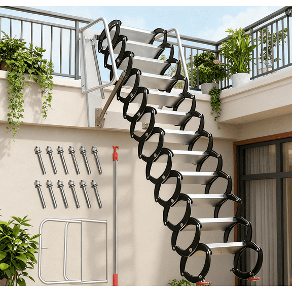 Wall-Mounted Folding Stairs, 12 Steps 3.2m Folding Loft Staircase with Handrails, Iron Telescoping Attic Ladder with Pull Down System, Retractable Loft Ladder, Up to 1300lbs, for Indoor Outdoor