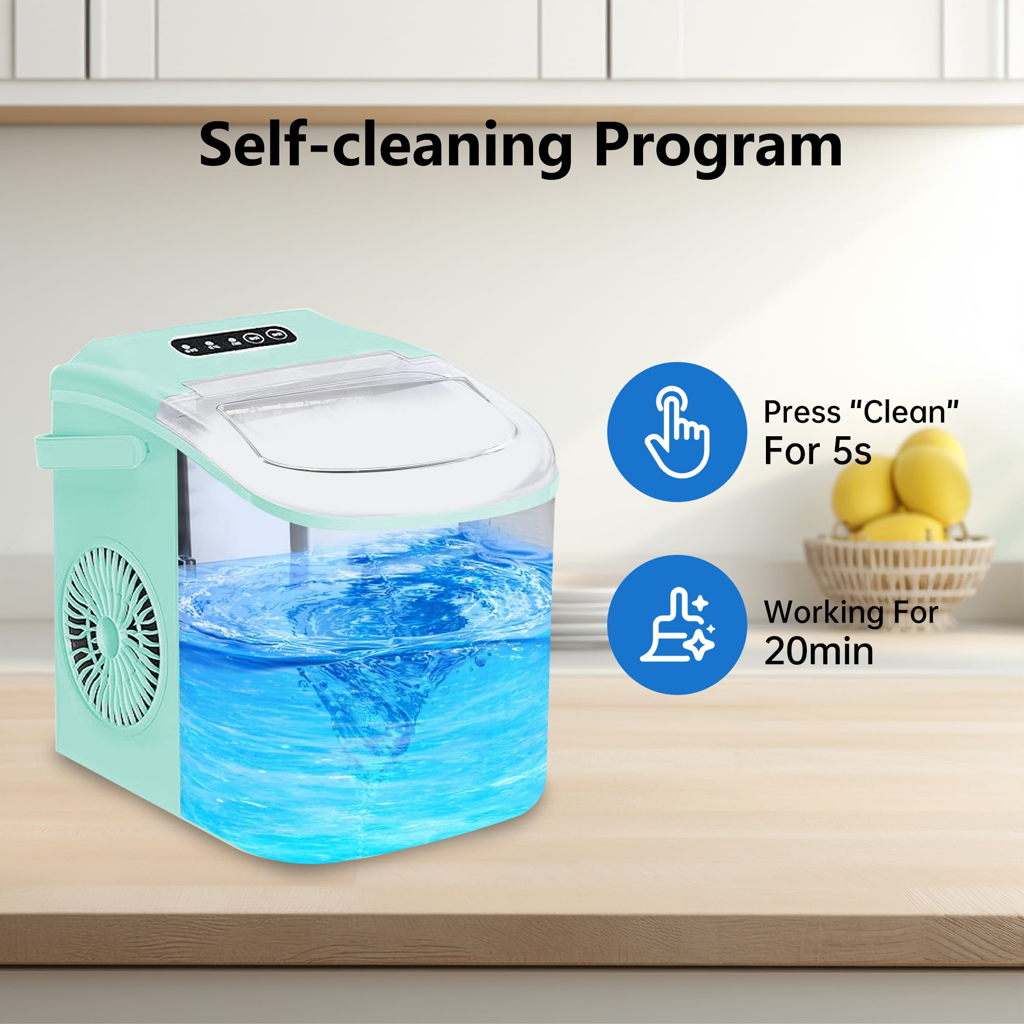 HUMSURE Countertop Ice Maker Machine with Handle, 26lbs  Per Day, 9 Ice Cubes Ready in 7 Mins, Self-Cleaning Portable Ice Maker with Basket and Scoop, for Home/Party/Kitchen/Camping/RV(Green)