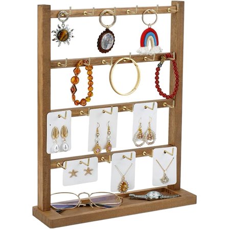 PH Earring Display Stands Jewelry Display for Vendors with 24 Hooks 4 Tiers Wooden Jewelry Organizer Rack for Vendors Earring Cards Necklaces Bracelets Keychains Brown