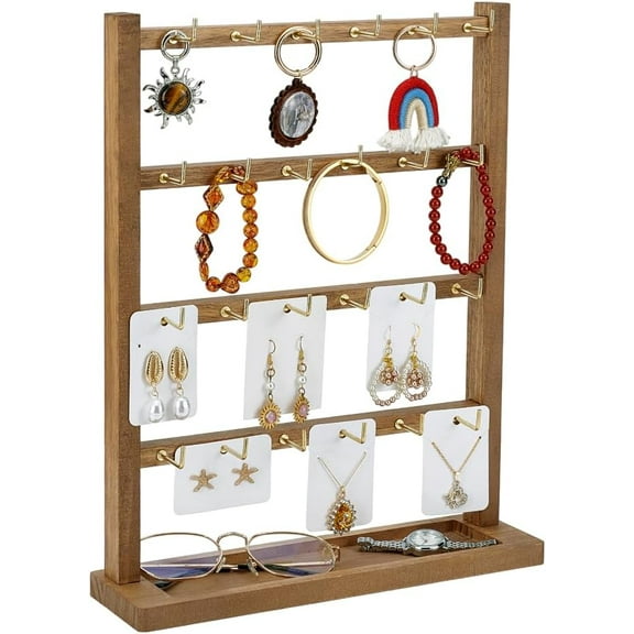 PH Earring Display Stands Jewelry Display for Vendors with 24 Hooks 4 Tiers Wooden Jewelry Organizer Rack for Vendors Earring Cards Necklaces Bracelets Keychains Brown