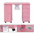 thumbnail image 3 of Manicure Nail Desk for Technician, Resistant Wooden Salon Spa Nail Table Station w/Cabinet, Drawers, Controllable Wheels (Pink), 3 of 9