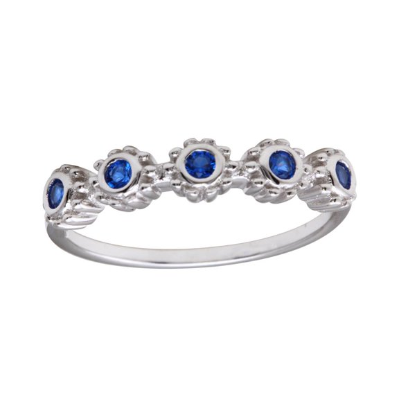 Simulated Sapphire Cubic Zirconia Five Flowers Ring Rhodium Plated Sterling Silver Size 9