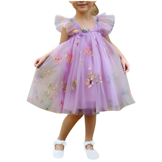 Yanlir Robe de Fête Sans Manches en Dentelle à Volants pour Filles, Robe d'Été Brodée avec Nœud, Tenue de Mode à Col Rond pour Événements Spéciaux (Violet, 2 Ans)