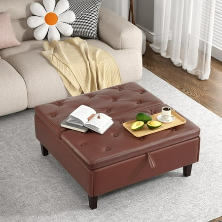 RichYa Large Square Storage Ottoman with Storage Toy Box for Living Room, Dark Brown Faux Leather