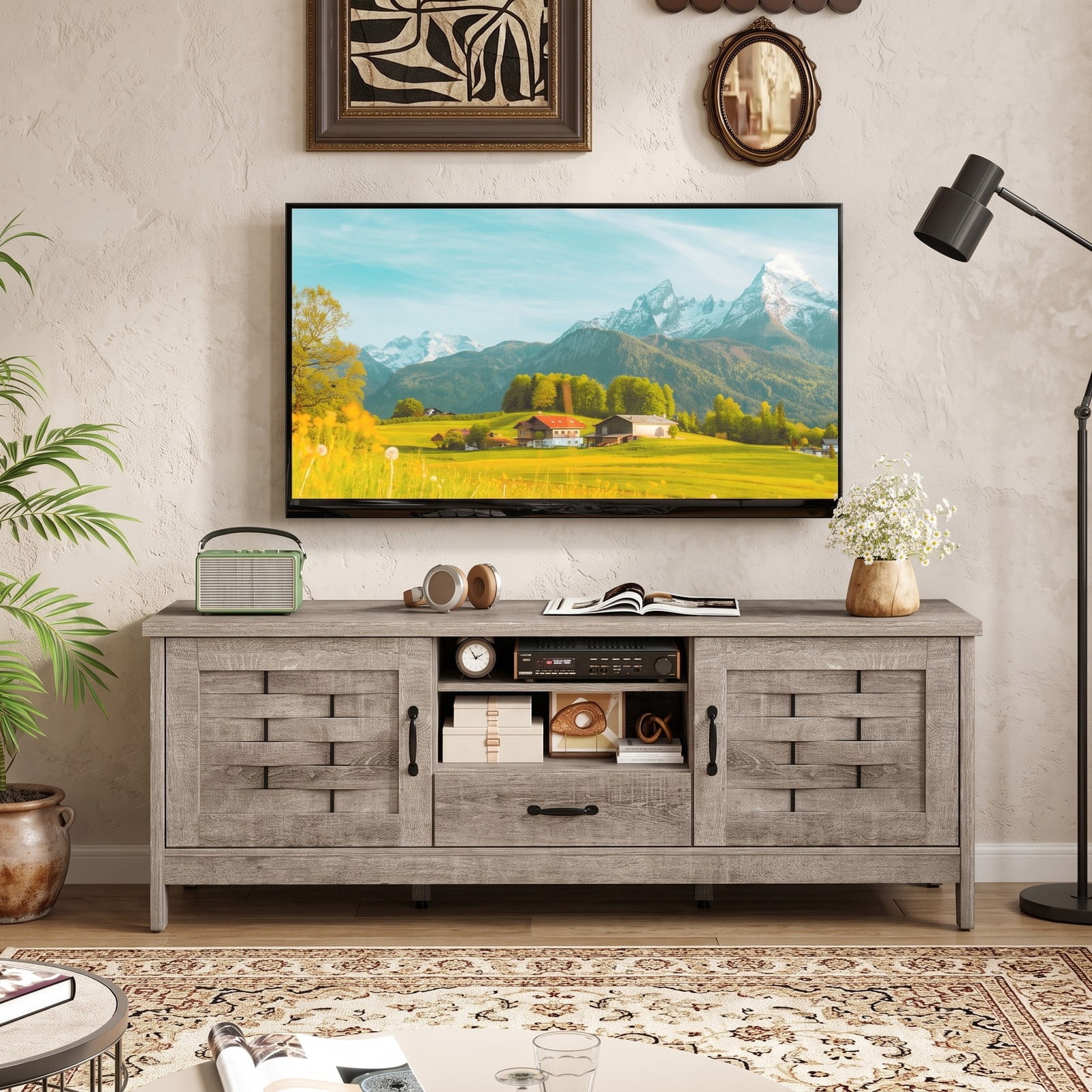 Furnibear Farmhouse TV Stand for 65 Inch TVs, Wood Entertainment Center with 2 Woven Accent Doors, 3 Adjustable Shelves and Drawer, Media Console Table for, Rustic Oak