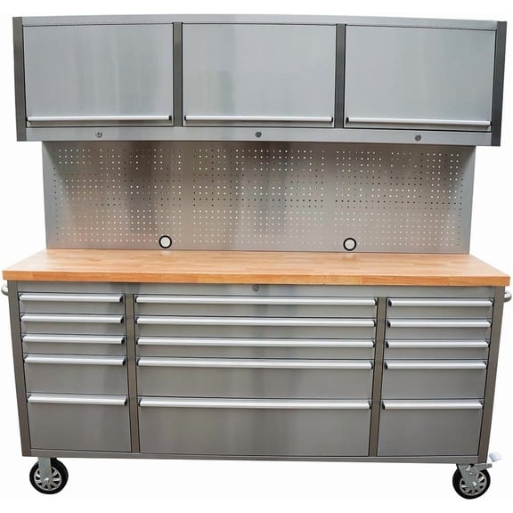 Anortrek 72" Rolling Tool Chest in Stainless Steel with 15 Drawers, 3 Upper Cabinets & Workbench for Garage Workshop, Lockable