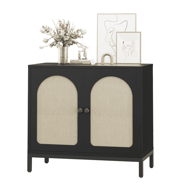 Bingirl Buffet Cabinet with Storage Kitchen Sideboard Console Table Adjustable Shelf Two-Door Rattan Accent Cabinet with Arch Carving for Living Room Hallway Dining Room Black