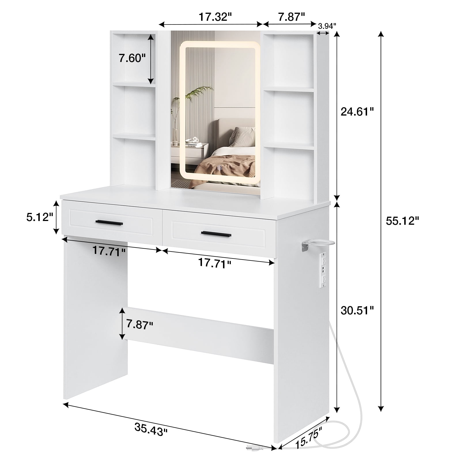 Hommpa Vanity Set with Mirror, Girls Makeup Vanity with  LED Lights, White Vanity Desk with Drawers, Vanity Table with Charging Station for Women Bedroom Storage