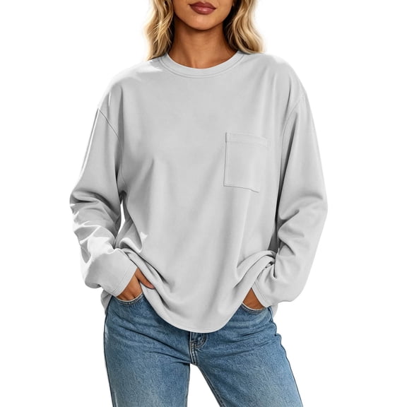 XuJwPNcy Oversized T Shirt for Women Lightweight Loose Fit Long Sleeve Tees Solid Color Basic Tops with Front Pockets(White,X-Large)
