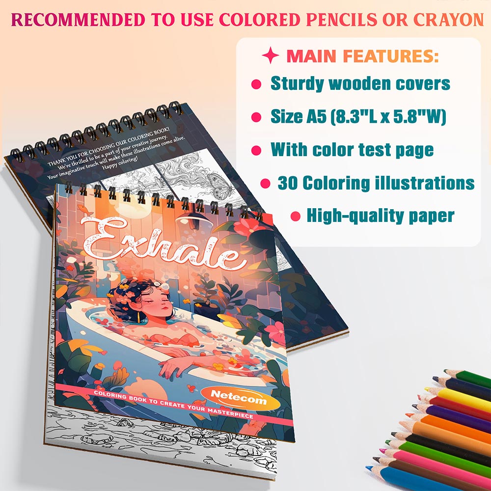 Netecom Exhale Coloring Book Spiral Bound For Adults, A5 Wooden Cover, 30 Gentle Coloring Pages of Peaceful Scenes for Stress Relief and Relaxation