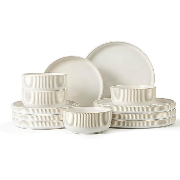 Frewinky Stoneware Dinnerware Sets for 4,12 Piece Kitchen Plates and Bowls Set,Reactive Glaze Porcelain Dinnerware Sets Scratch Resistant,Dishwasher and Microwave Safe,Vintage White