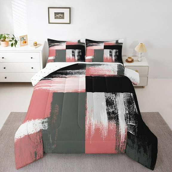 Manfei Pink Grey Abstract Bedding Comforter Set, Chic Minimalism Twin Comforter Sets, Teen Child Kid Adult Reversible Bedding Set, Microfiber Bedroom Decor, 2 Pieces