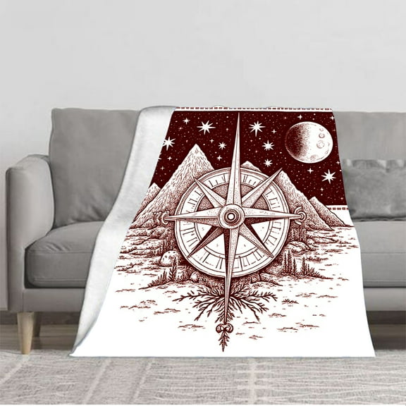 Vintage-Inspired Soft Flannel Blanket with Compass Design - Cozy Warm Throw for Sofa Travel Bed and Chair